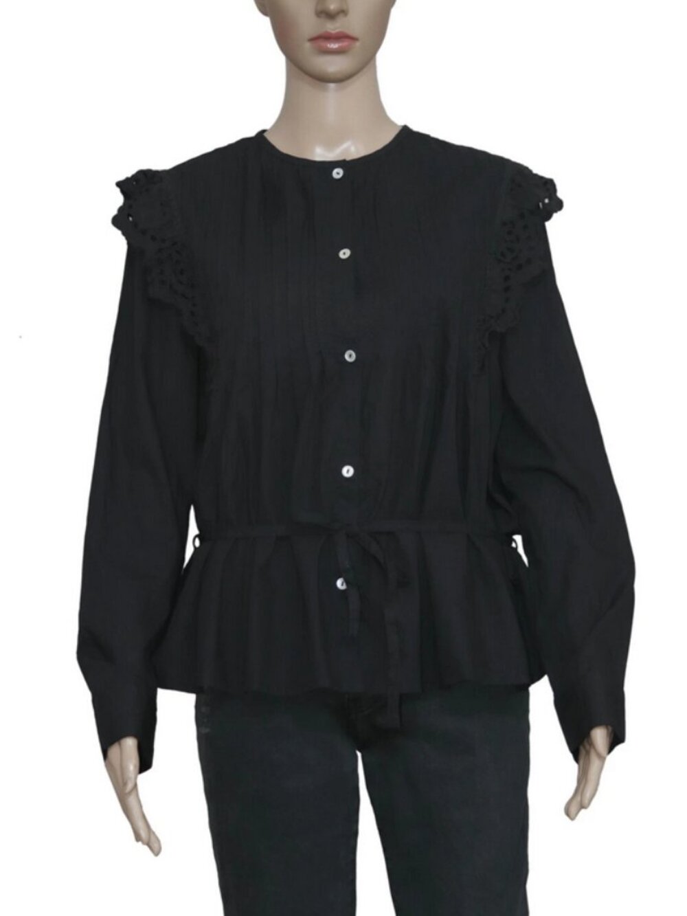 Skall Studio Holly Shirt Top Black Embroidered Eyelet Button S